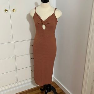 EUC HYFVE Brand Rust Orange Camel Keyhole Knot Midi Dress Sz Large